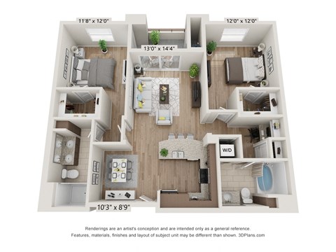 Floor plan for 2 beds, 2 baths, 1134 sqft